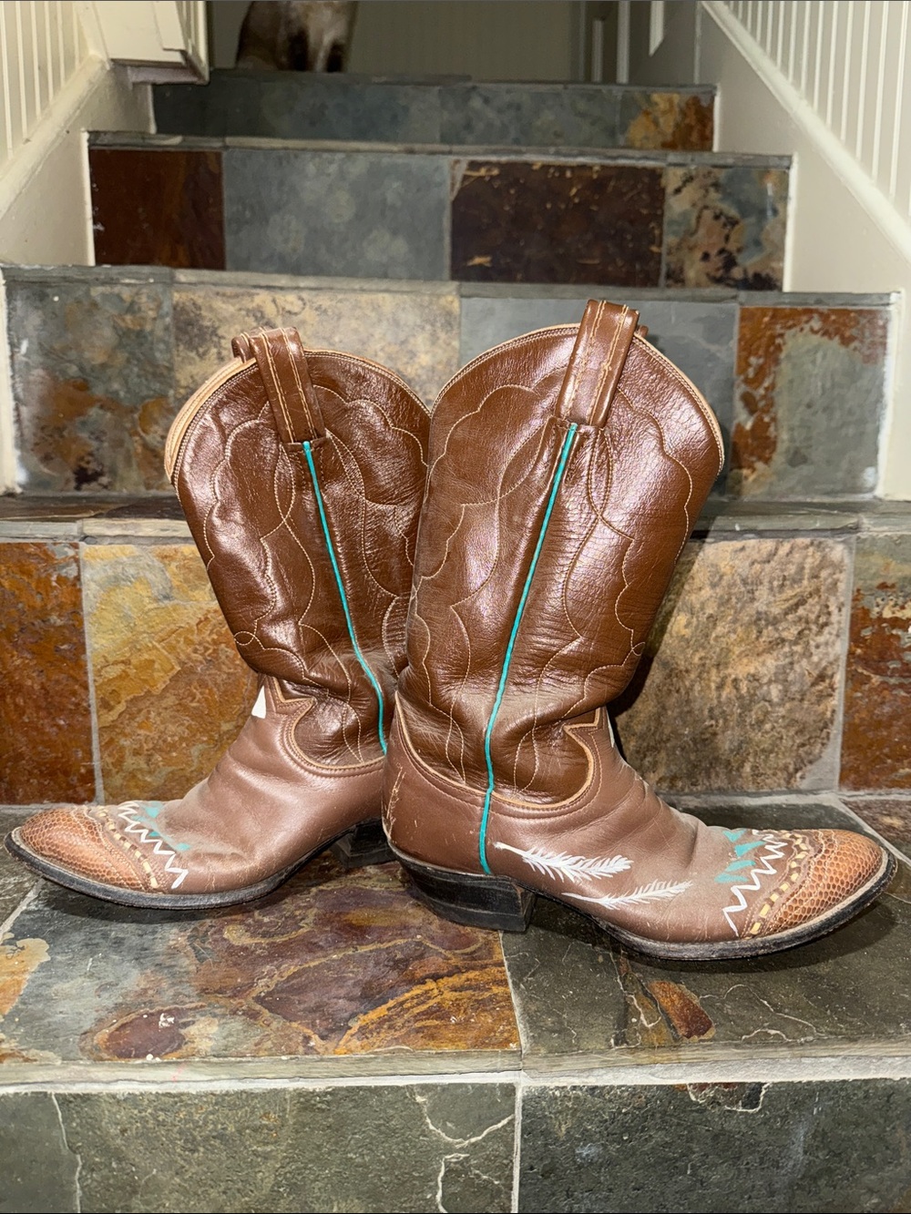 TONY LAMA Leather Western Boots with Turquoise Stitch Detail